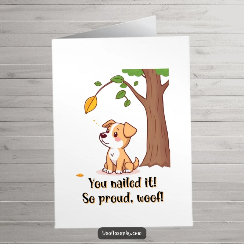 Funny Free Printable congratulations card showing a dog contemplating a falling leaf, symbolizing reflection on success. A unique greeting.