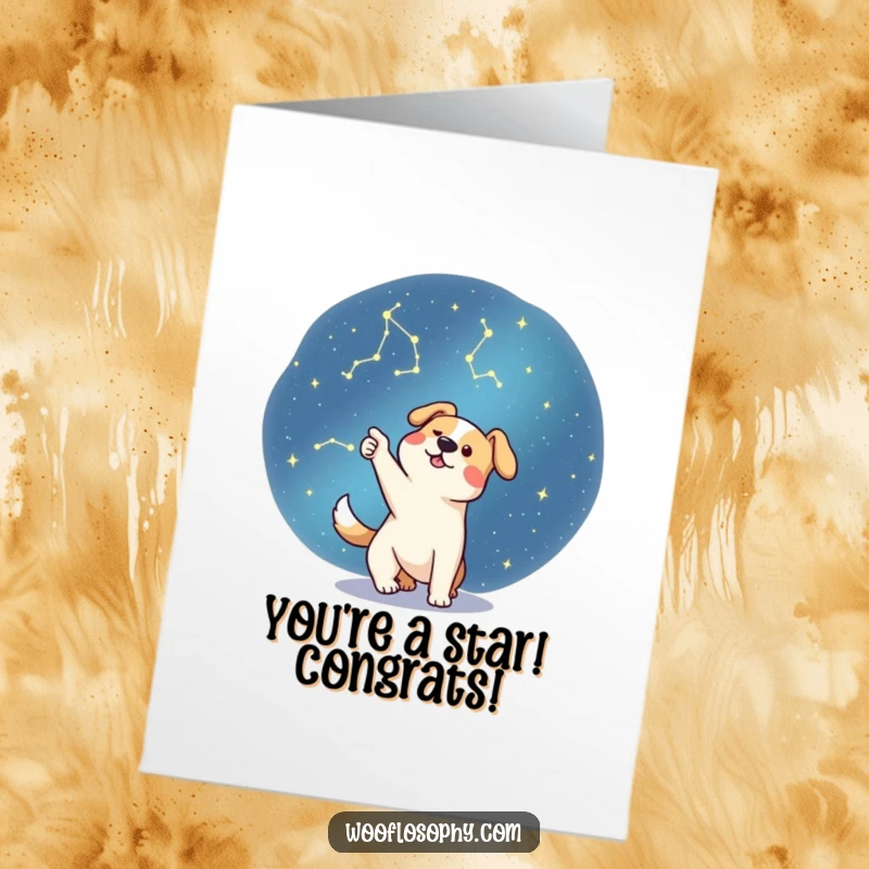 Free Printable Congratulations Card: An enthusiastic dog pointing at a constellation, celebrating success with celestial excitement.