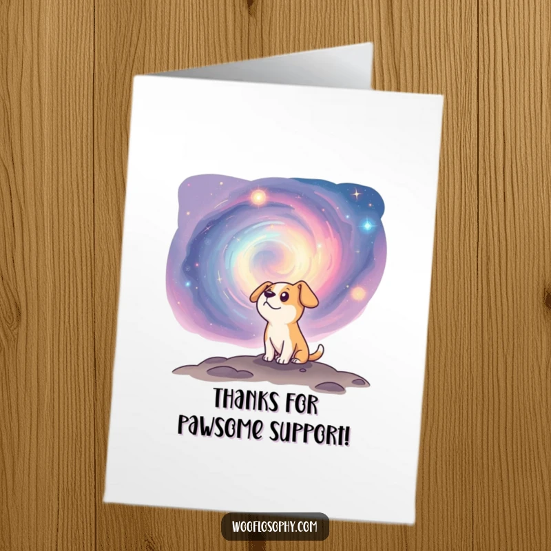 Funny Free Printable Thank You Card: A curious dog looks with awe into a glowing cosmic nebula, expressing galactic gratitude.