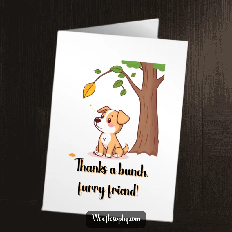 Funny Free Printable thank you card with a dog contemplating a leaf, conveying gratitude and deep thought. A heartwarming design.