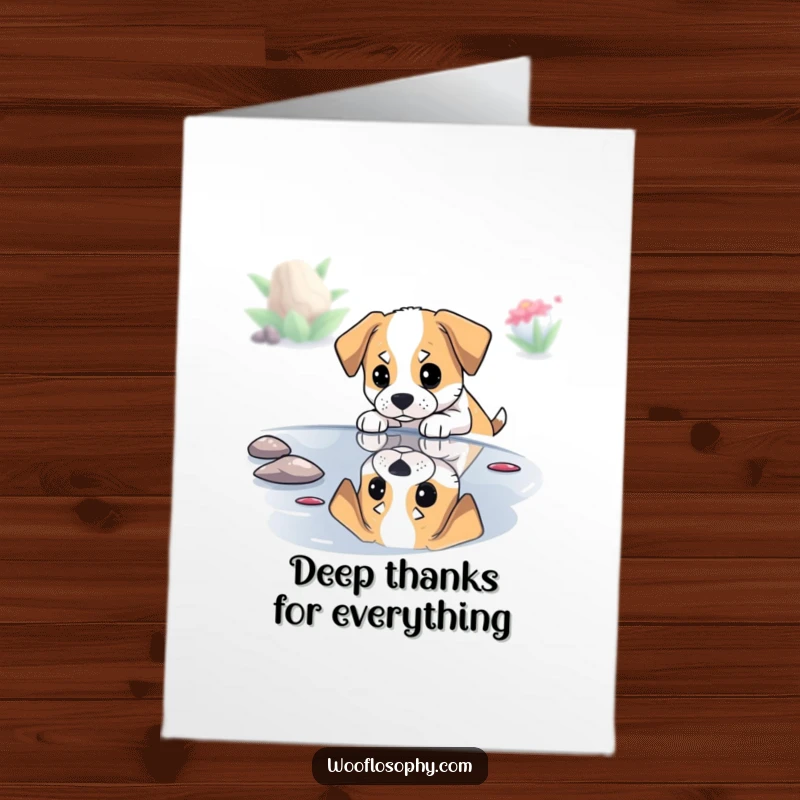 Funny Free Printable thank you card of a dog thoughtfully looking at its own reflection in a still pond.