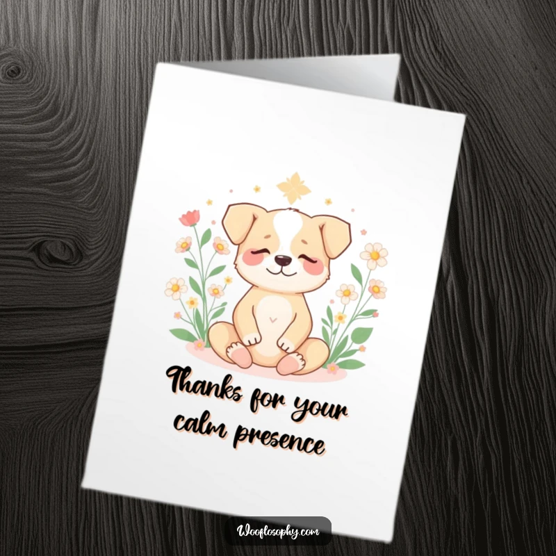 Funny Free Printable thank you card with a dog meditating serenely, surrounded by blooming flowers.