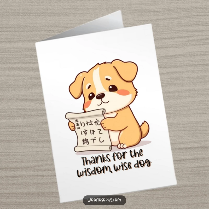 Funny Free Printable Thank You Card: A dog holding a scroll, thoughtfully scratching its head, expressing thanks.