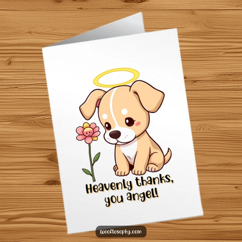 Funny Free Printable Thank You Card: Dog with a halo gazing at a blooming flower, a symbol of pure gratitude.