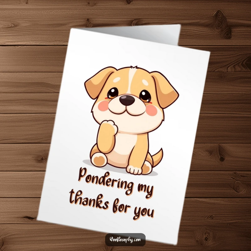 Funny Free Printable Thank You Card: Kawaii dog with a paw on its chin, thinking.