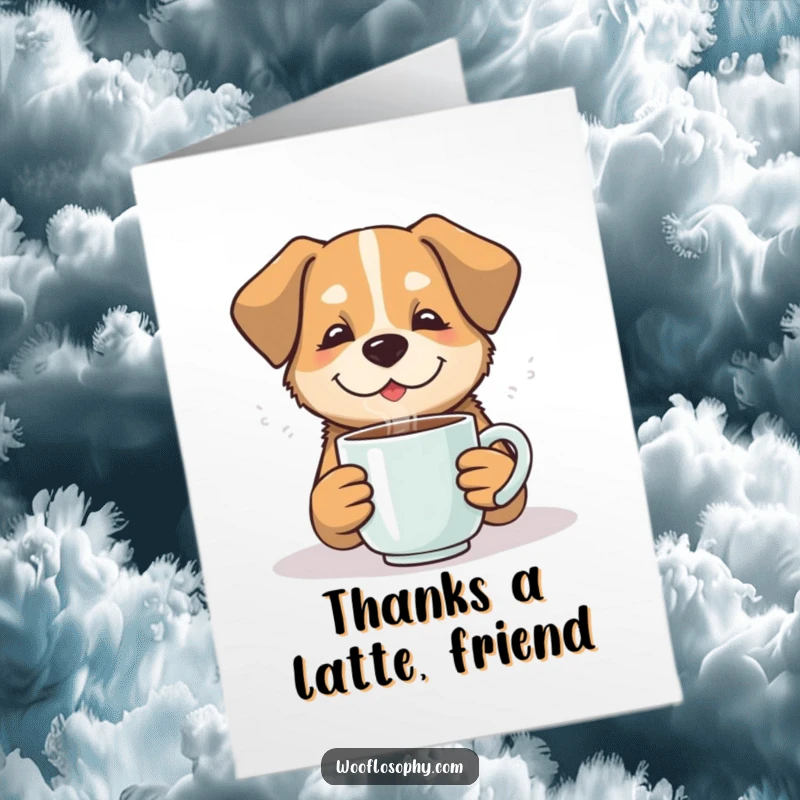 Funny Free Printable Thank You Card: A contented dog enjoys a steaming mug, offering cozy and sincere thanks for kindness shown.