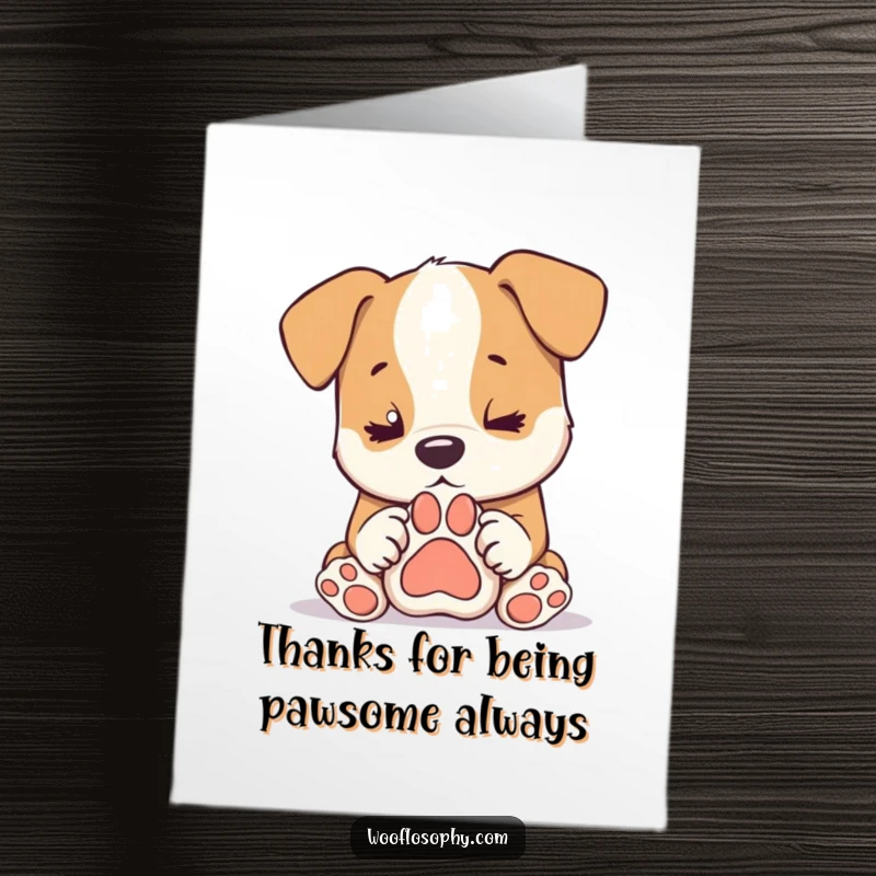 Funny Free Printable Thank You Card: A dog looking thoughtfully at his paw print, a cute and funny DIY present.
