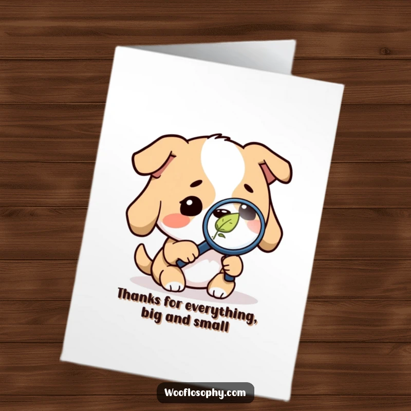 Funny Free Printable Thank You Card: A dog with a magnifying glass examining a falling leaf, expressing detailed gratitude humorously.