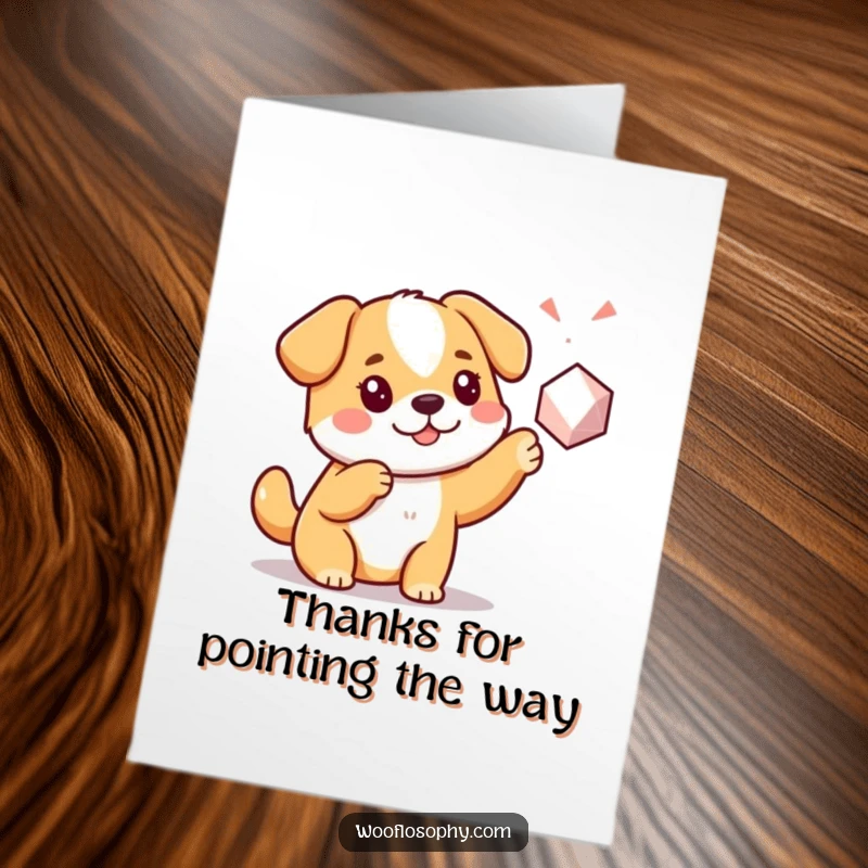Funny Free Printable Thank You Card: Kawaii dog pointing at a circle, looking thoughtful.