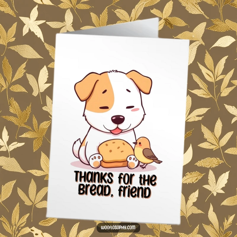Funny Free Printable dog and bird sharing bread, a thank you card showing gratitude and kindness.