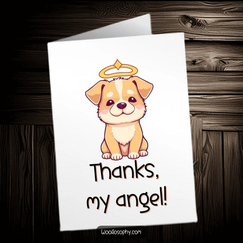 Funny Free Printable Thank You Card: A wise dog wearing a bright halo offers a serene, thankful gaze.
