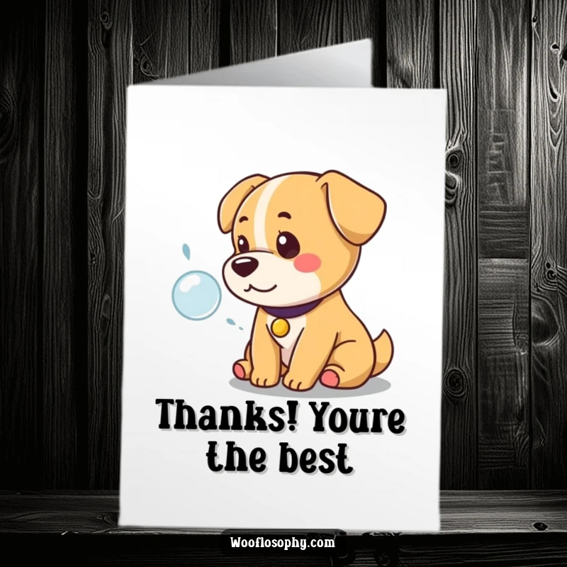Funny Free Printable Thank You Card: A sophisticated Kawaii dog sits regally, pondering a bubble as a unique way to say thanks.