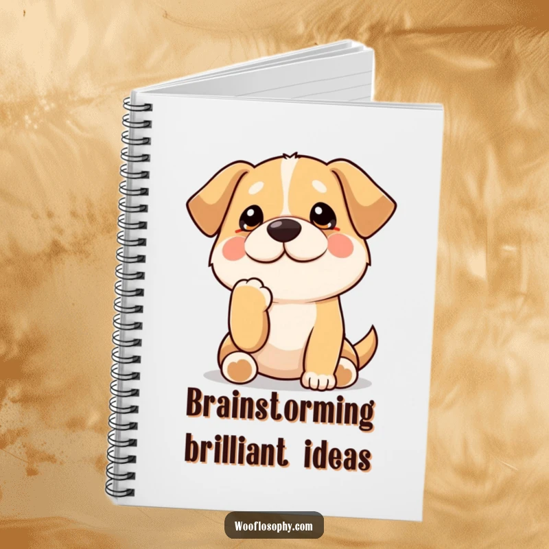 Funny Kawaii dog with a paw on its chin, contemplating, a lined notebook for jotting ideas, featuring a humorous and thoughtful canine design.