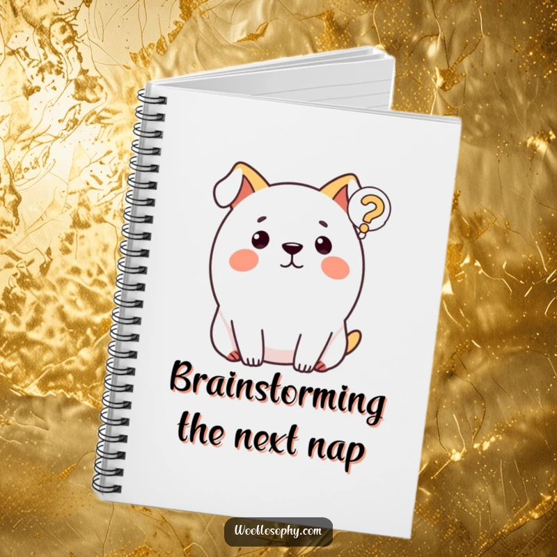 Funny dog notebook with a round dog contemplating a question mark, perfect for jotting down humorous ideas.