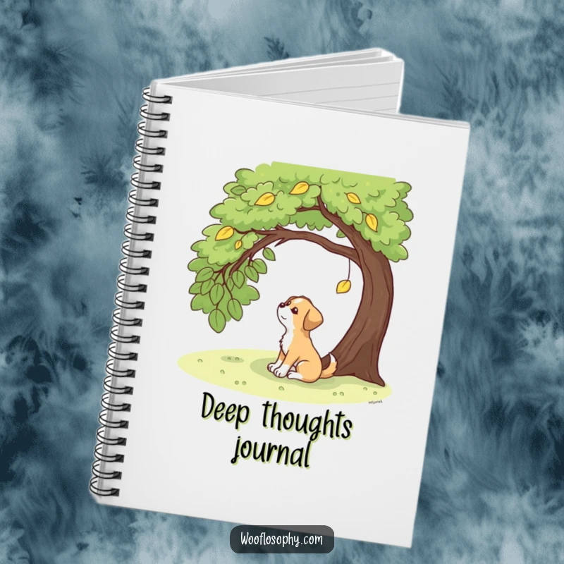 Funny dog sitting under a tree, looking contemplatively at a single falling leaf, perfect for journaling.