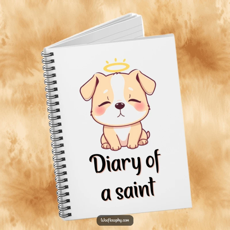 Funny notebook featuring a dog with a halo and closed eyes, ideal for jotting down prayers and brilliant ideas.
