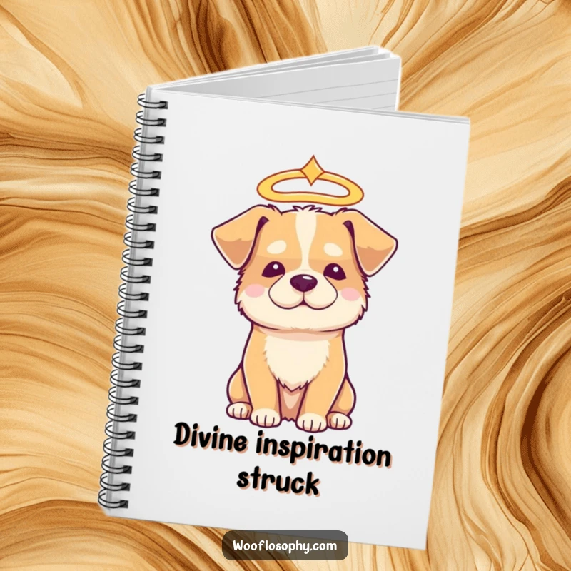 Funny angelic dog notebook, a dog wearing a halo looking serene and wise, perfect for note-taking.