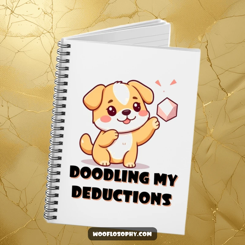 Funny Kawaii dog pointing at a geometric shape, a lined notebook for jotting thoughts, featuring a humorous and curious canine design.
