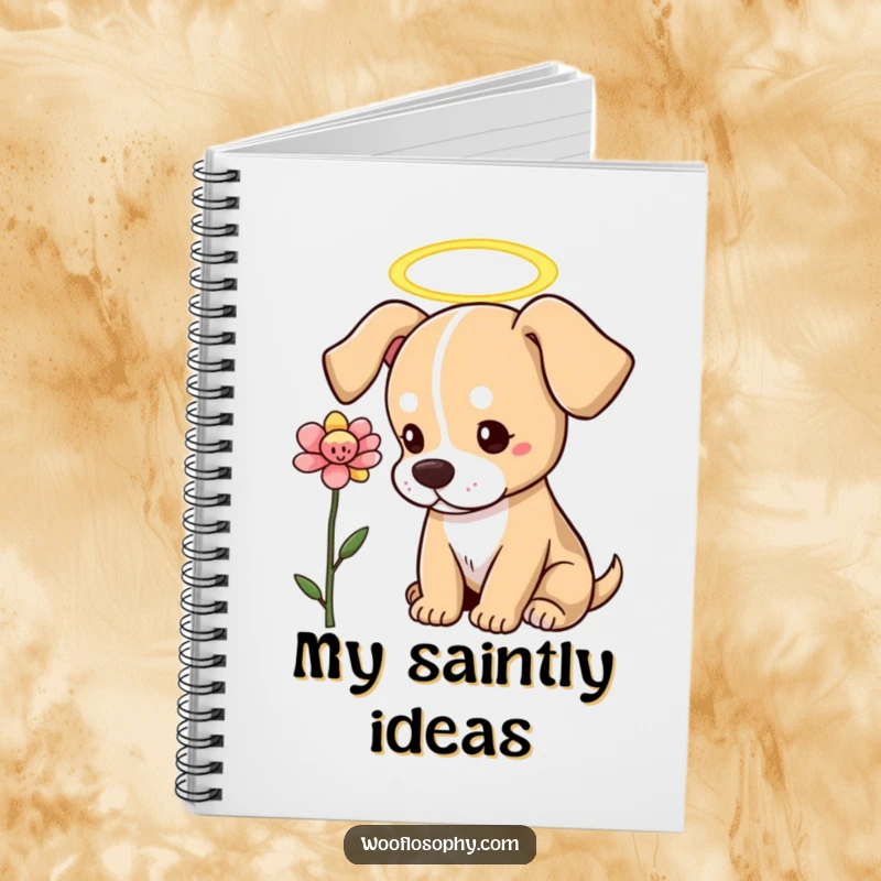 Funny Dog Notebook: A dog with a halo thoughtfully observes a flower, symbolizing pure thought and gentle observation.