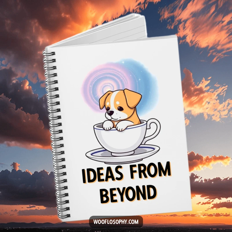 Funny cosmic dog notebook, a dog contemplating a swirling galaxy in a teacup, perfect for writing.