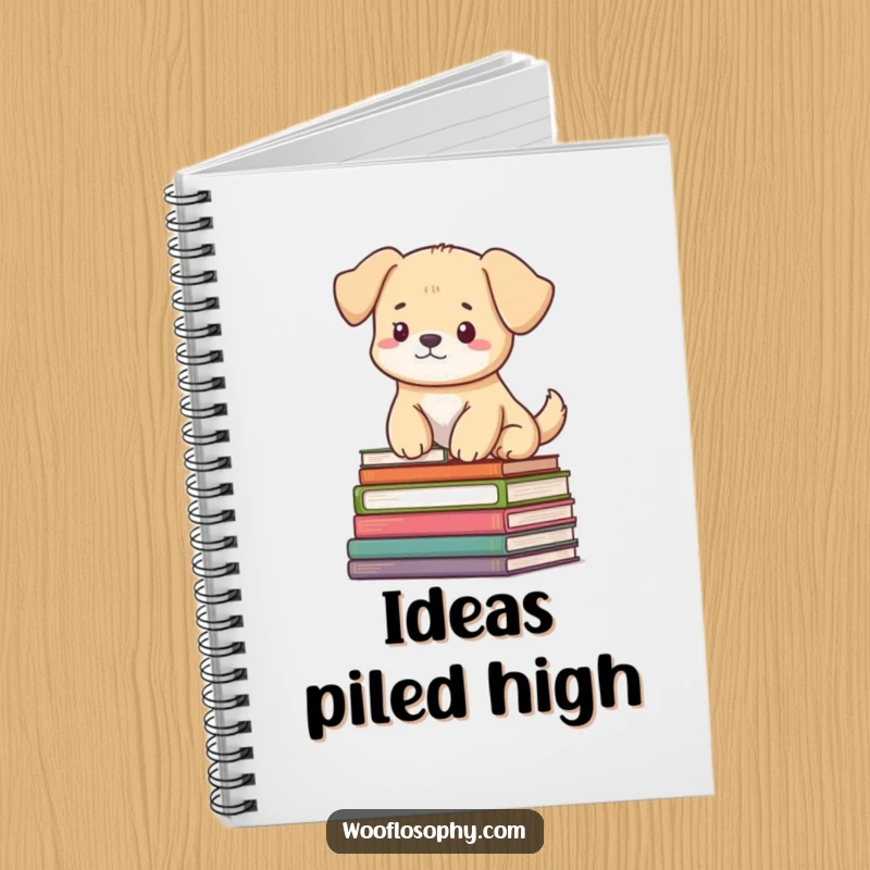 Funny notebook: a dog sitting peacefully atop a large stack of books, looking utterly serene and wise.