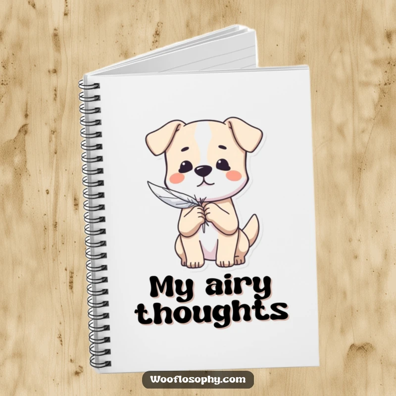 Funny Dog Notebook: A dog holds a feather, symbolizing lightness of thought and a carefree approach to writing.