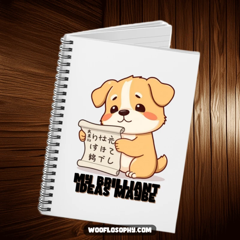 Funny dog notebook cover inspiring deep thought with a depiction of a dog holding a scroll and scratching its head.