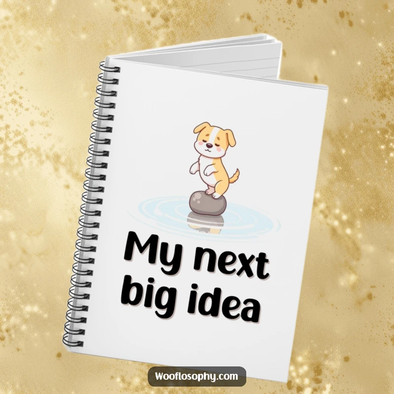 Funny notebook cover showcasing a dog balancing on a subtle pond ripple, designed for jotting down hilarious observations.