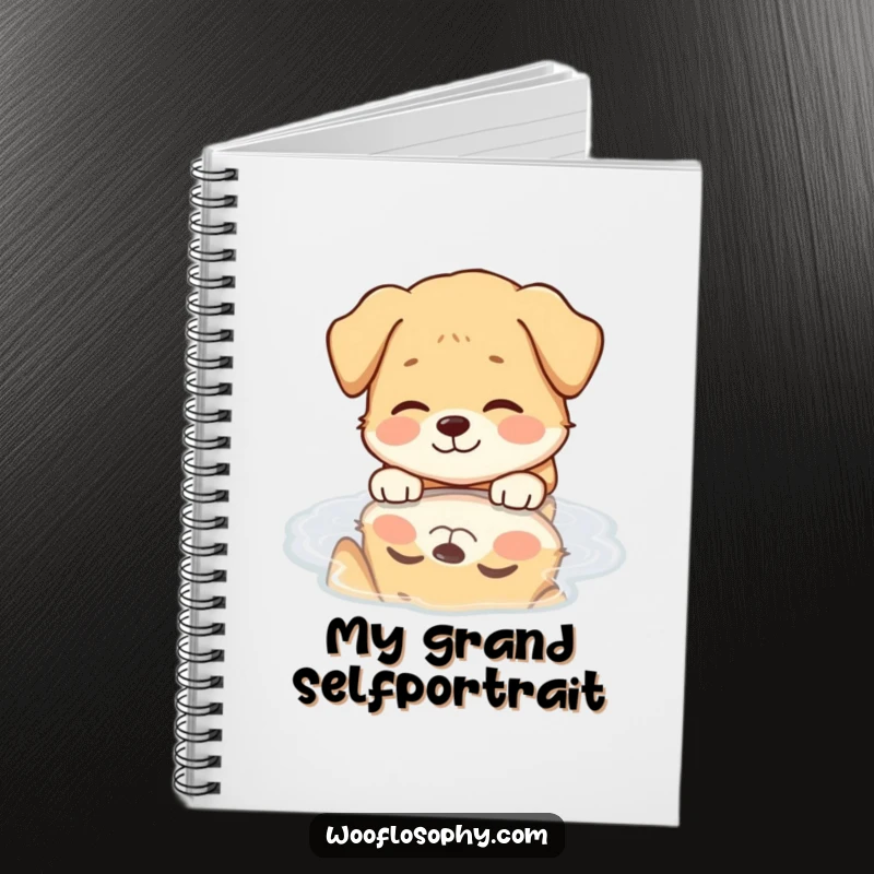 Funny Dog Notebook: A dog with a peaceful smile admires its reflection in a puddle, ready for creative thoughts.
