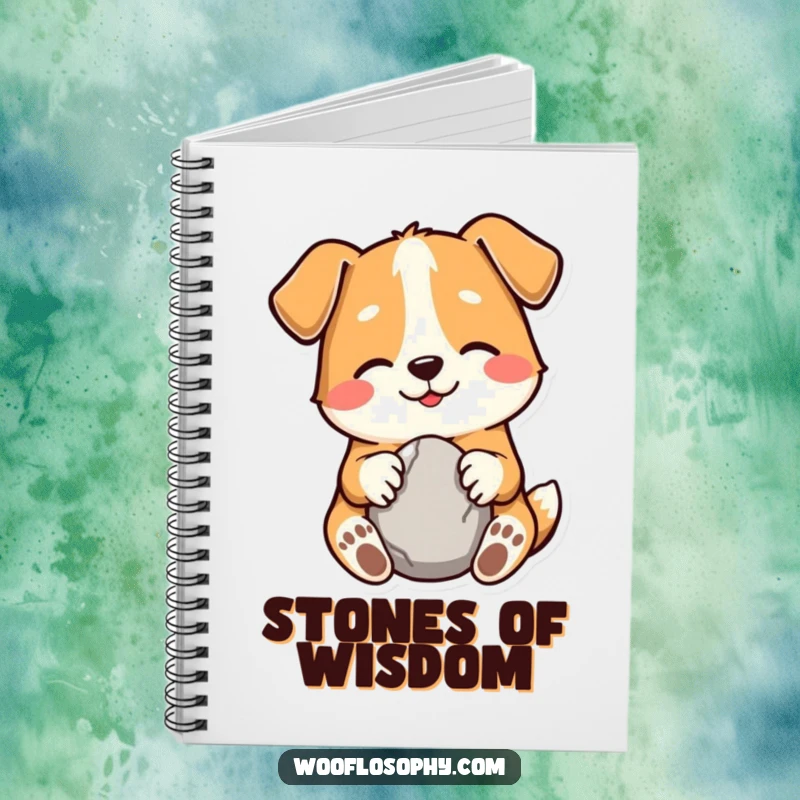 Funny notebook with a smiling dog character holding a smooth stone, inspiring entries about simple joys and happiness.