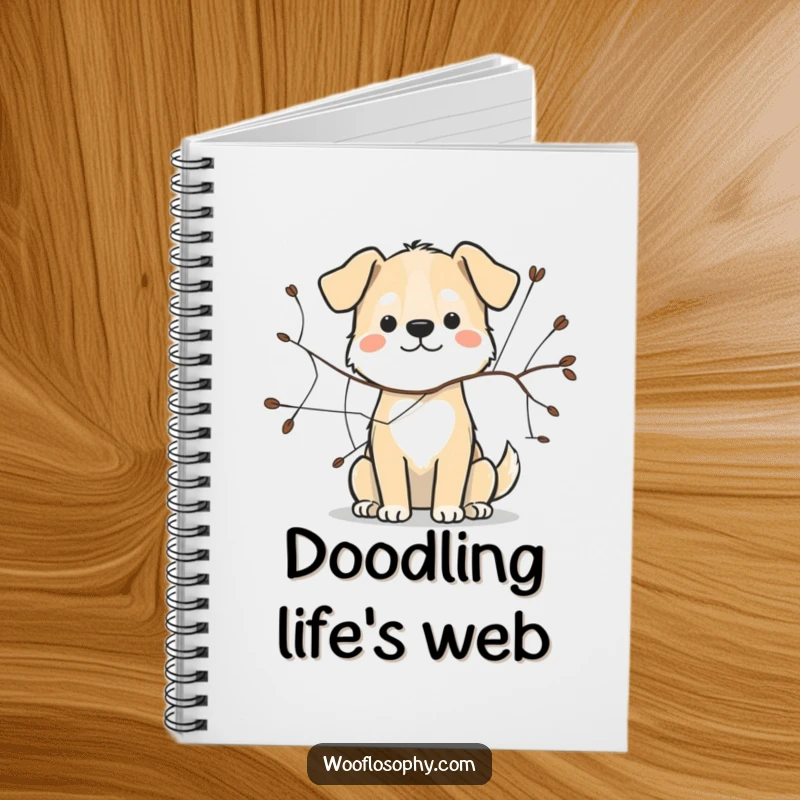 Funny dog notebook featuring a dog sketching a simple, interconnected web with a twig, promoting creative thought.