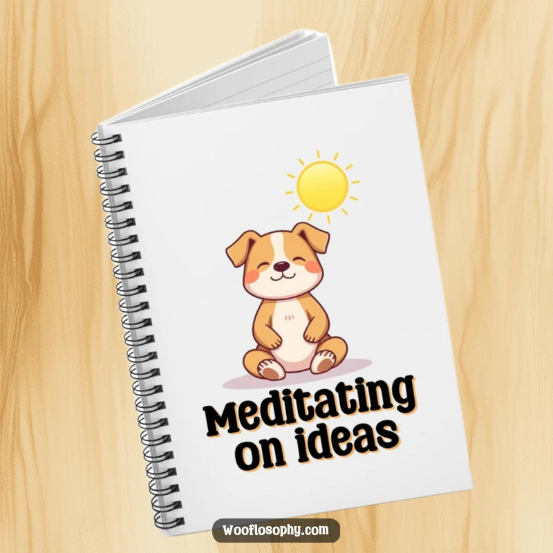 Funny notebook: a dog sits in a peaceful meditation pose beneath a bright, shining sun, radiating tranquility.