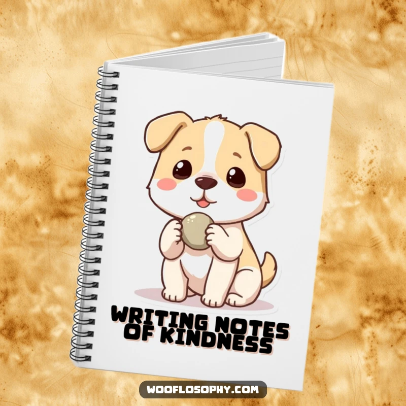 Funny Kawaii dog offering a small stone to another, a lined notebook for jotting ideas, featuring a humorous and friendly canine design.