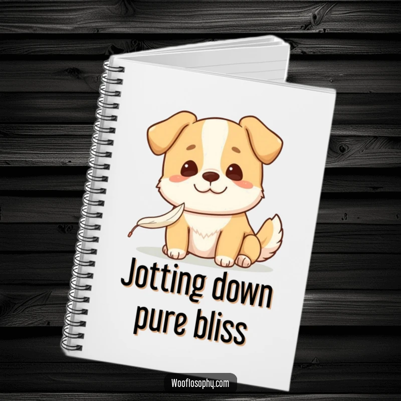 Funny Kawaii dog with a gentle smile watching a feather fall, a lined notebook for jotting ideas, featuring a humorous and peaceful canine design.