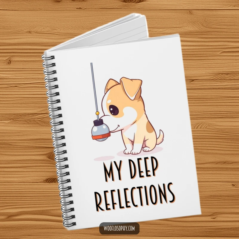 Funny pensive dog notebook, a dog gazing thoughtfully at a swinging pendulum, perfect for note-taking.