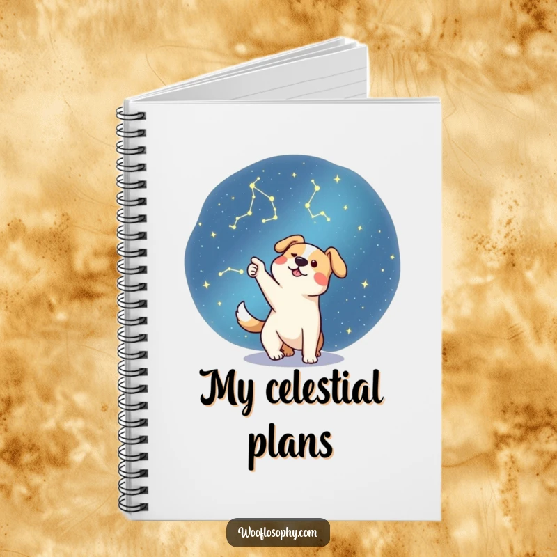 Funny dog pointing at stars in a notebook, humorous for documenting ideas and explorations.