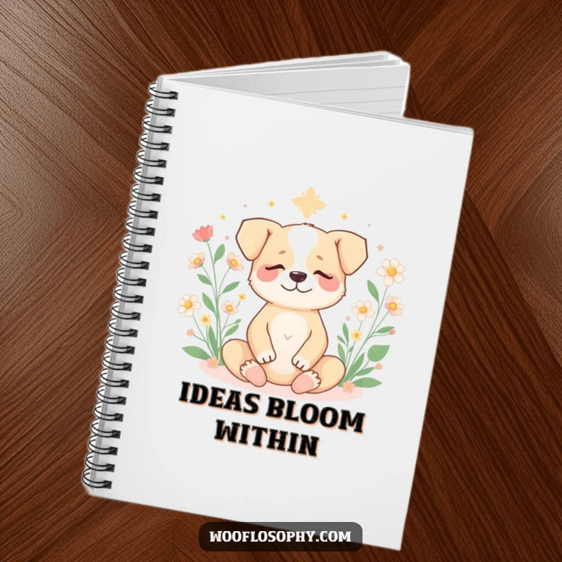 Funny dog meditating with flowers on a notebook cover, perfect for journaling peaceful and humorous thoughts.