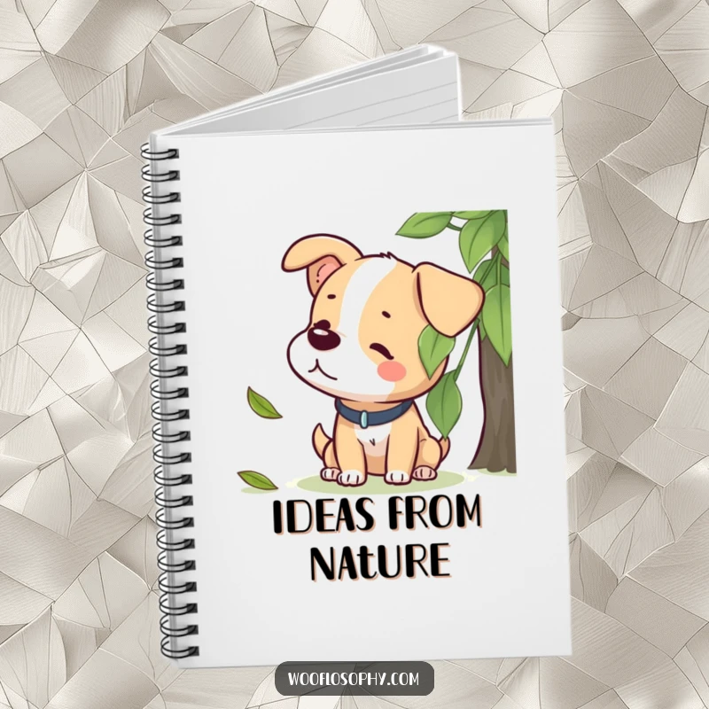Funny notebook with a dog character listening intently to a leaf falling, encouraging peaceful writing and reflection.