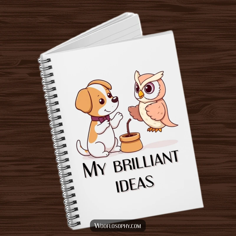 Funny notebook with a dog debating an owl puppet, ideal for jotting down witty thoughts and comedic arguments.