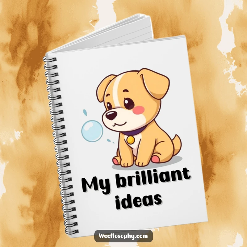 Funny Kawaii Dog Notebook: A regal, cute dog is seated, contemplating a single, perfect bubble, ideal for journaling humorous thoughts.