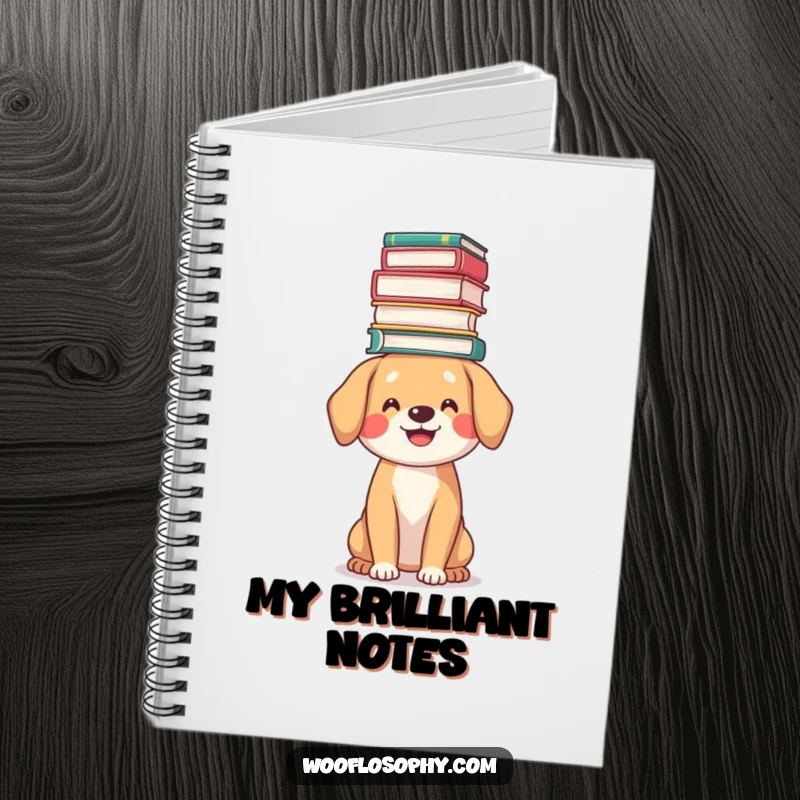Funny bookworm dog notebook, a smiling dog balancing a stack of books on its head, perfect for note-taking.
