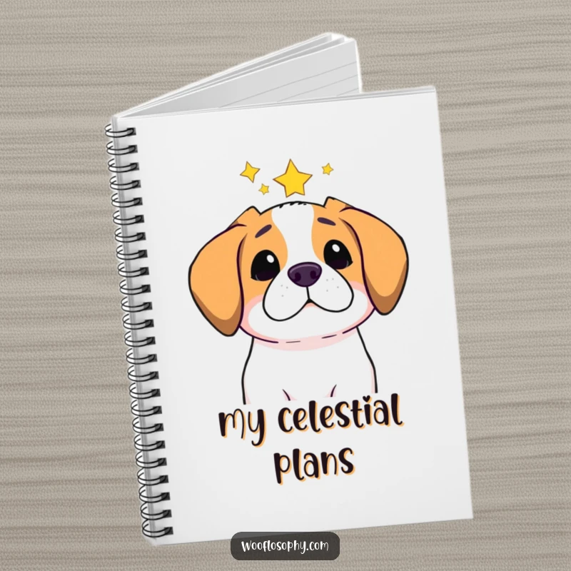 Funny notebook with a dog gazing at stars, ideal for jotting down cosmic thoughts and humorous contemplations.