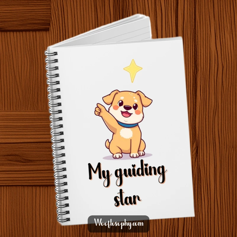 Funny notebook cover with a dog pointing its paw towards a distant, shimmering star, encouraging hopeful note-taking.
