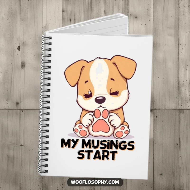 Funny dog notebook, a dog ponders its paw print, encouraging creative writing and humorous thoughts, perfect gift.