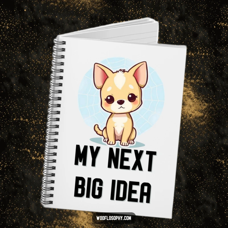 Funny notebook with a dog character observing a spiderweb, perfect for nature notes and creative ideas, a witty funny gift.