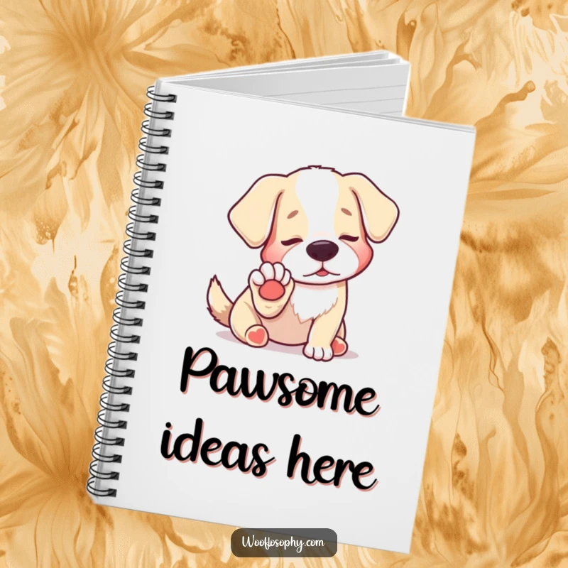 Funny notebook cover showcasing a dog looking at its paw with a hilariously profound expression, ideal for recording insights.