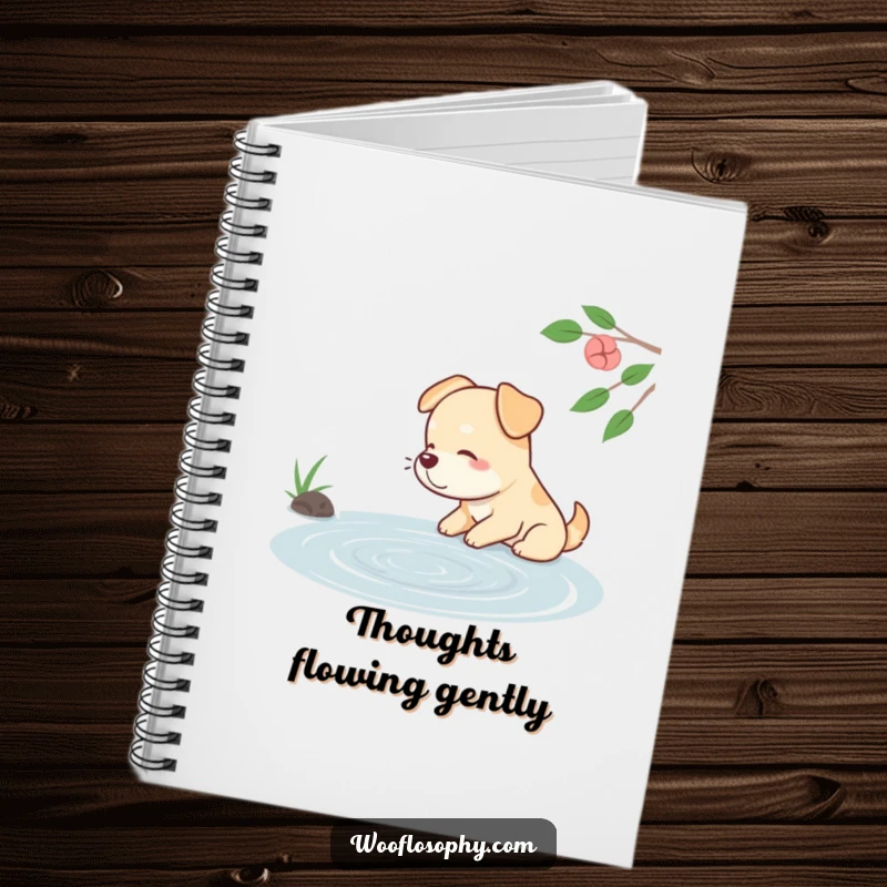 Funny dog notebook featuring a contented dog sighing while watching ripples on a calm pond, ideal for journaling.