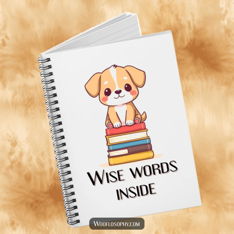 Funny Notebook: Dog balanced on books looking serene, a humorous journal for peaceful reflection.