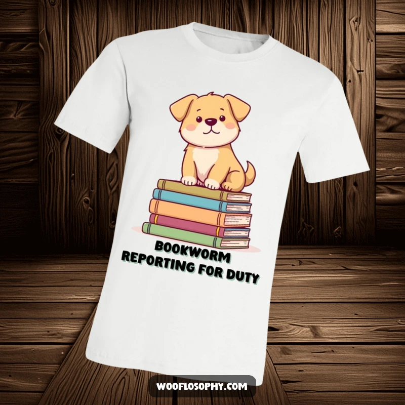 Funny Dog T-Shirt with a peaceful dog resting on a pile of books, showcasing a love for reading and quietude.