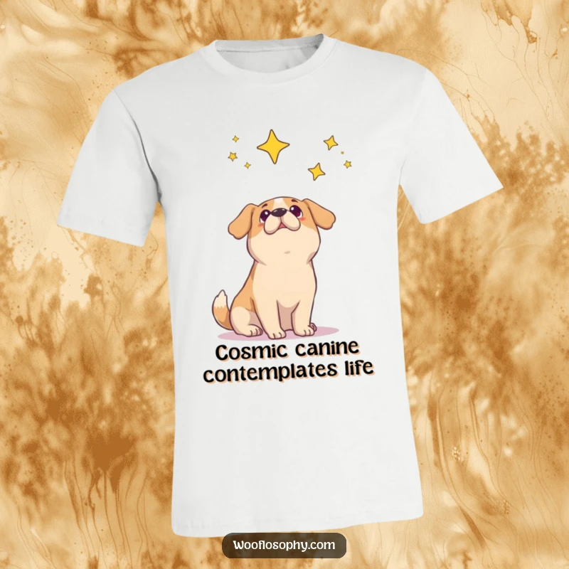 Funny dog t-shirt depicting a sweet dog gazing at a starry night sky with profound wonder.